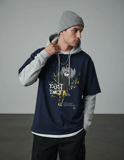 Model wearing Taily Existence Streetwear Oversized T-Shirt in navy with abstract artwork.