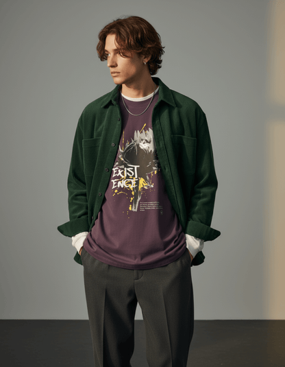 Model wearing Taily “Existence” Streetwear Oversized T-Shirt in plum and green shirt.