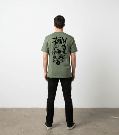 Taily Rage streetwear graphic t-shirt in light green with back print on model