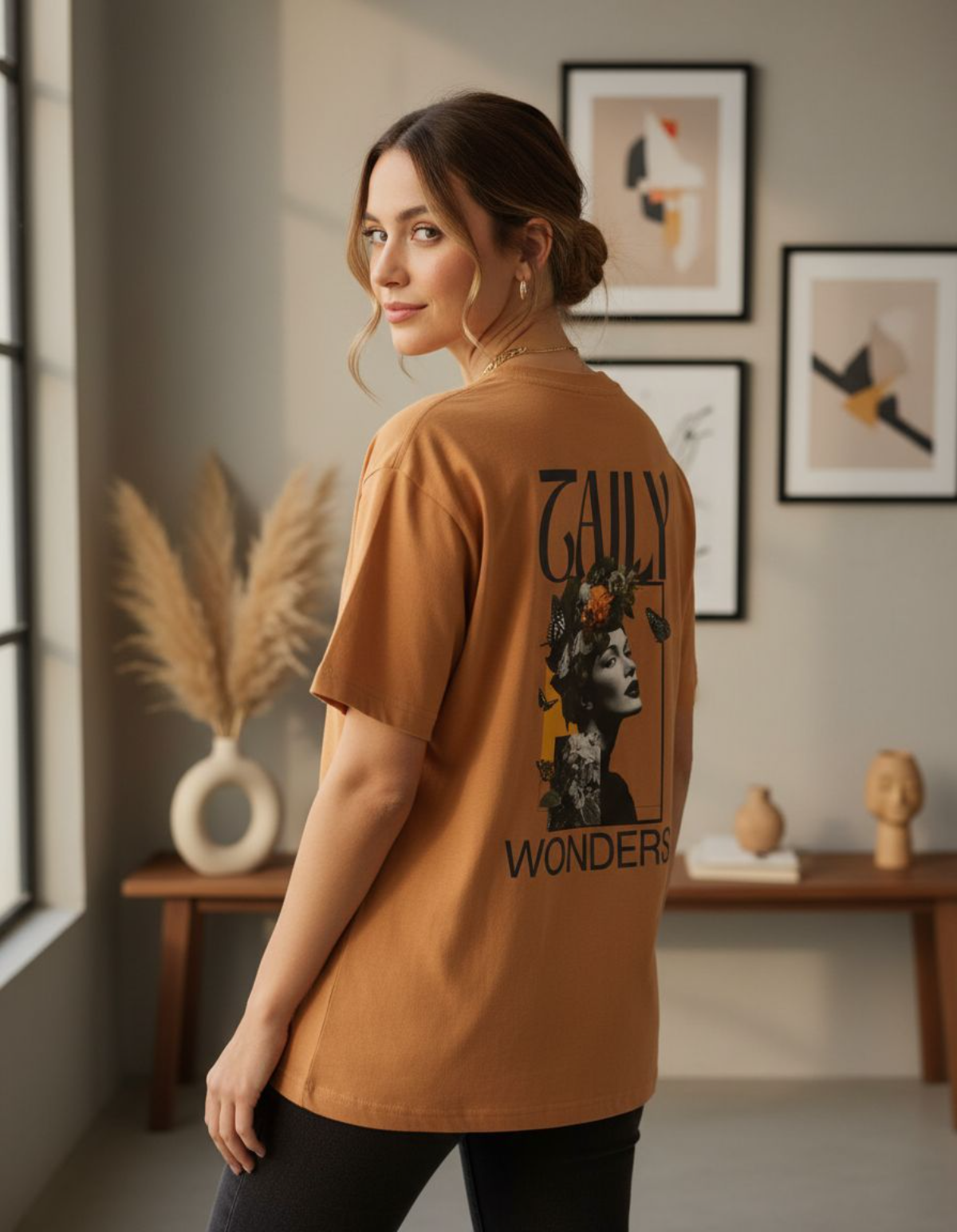 Model wearing Taily Wonders vintage boxy t-shirt in toast showcasing the floral butterfly design.