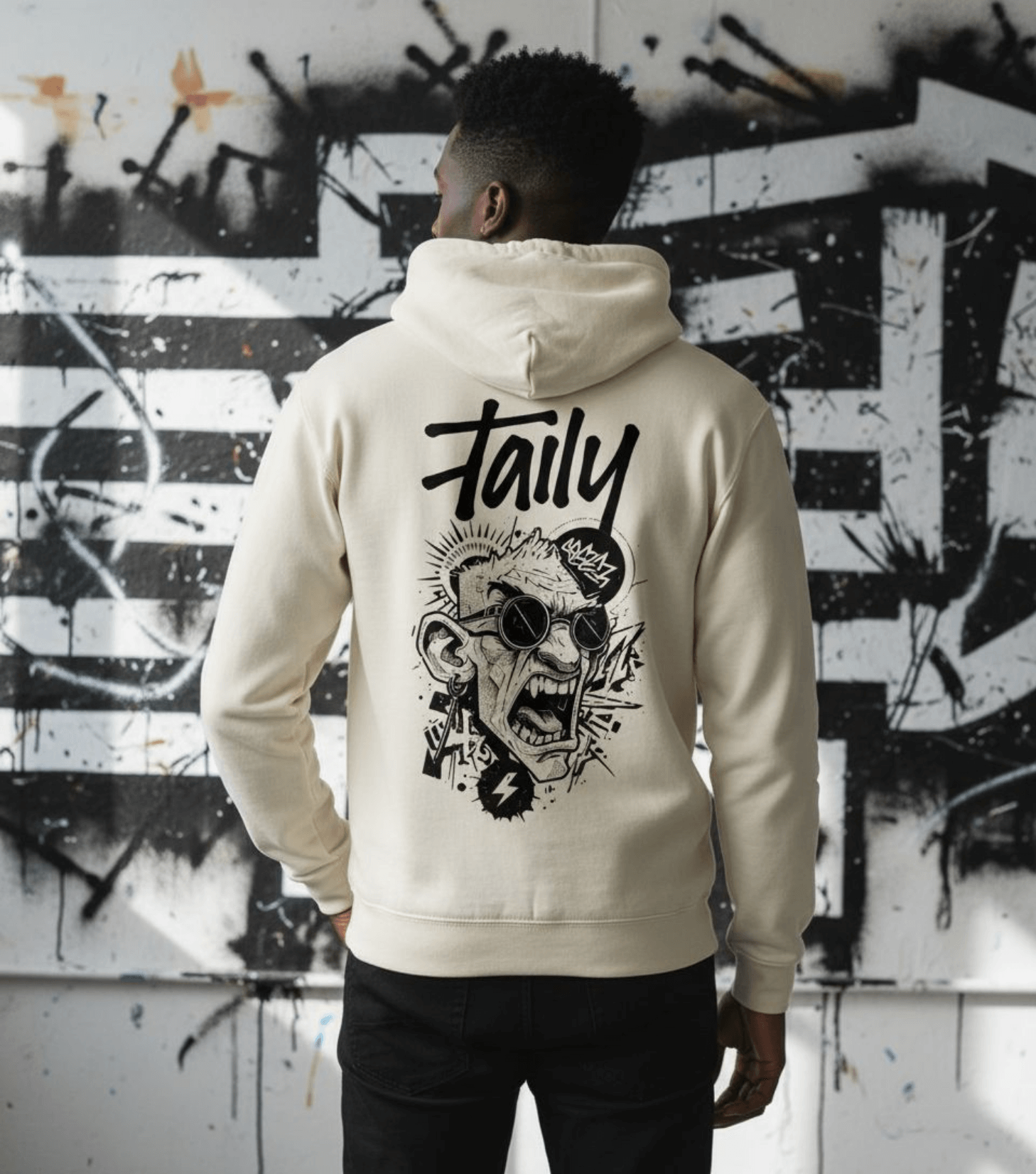 Taily Rage streetwear graphic hoodie in oatmeal showcasing bold artwork on the back and clean front logo.
