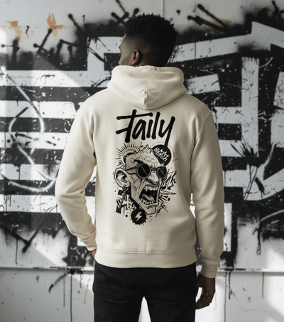 Taily Rage streetwear graphic hoodie in oatmeal showcasing bold artwork on the back and clean front logo.