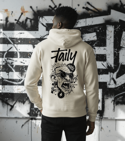 Taily Rage streetwear graphic hoodie in oatmeal showcasing bold artwork on the back and clean front logo.