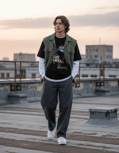 Model wearing Taily 'Existence' Streetwear Oversized T-Shirt in black with layered outfit on rooftop.