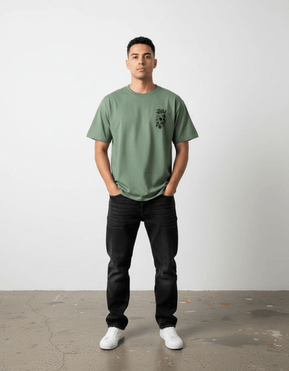 Model wearing Taily Rage streetwear graphic t-shirt in light green with logo, showcasing a casual look.