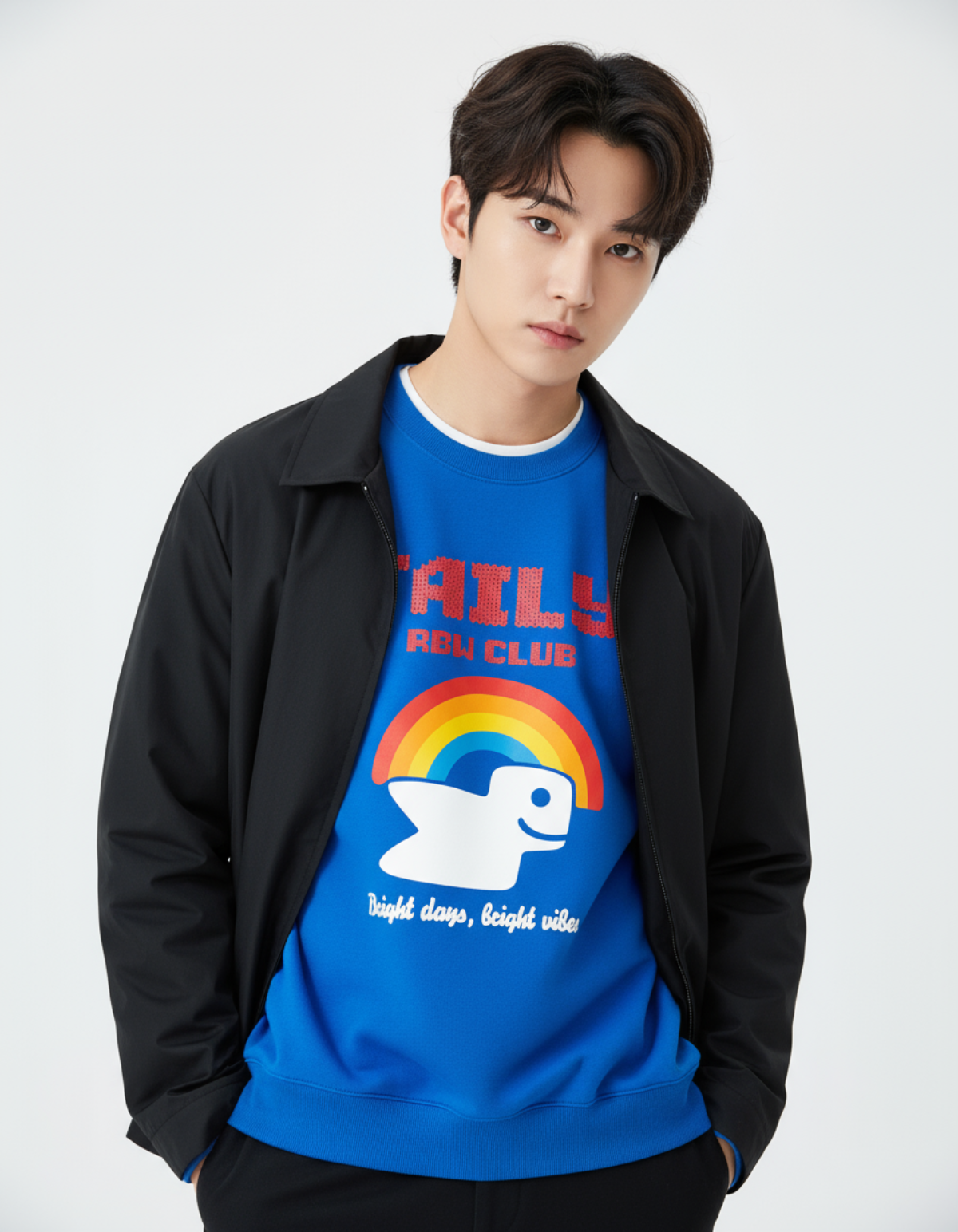 Model wearing Taily RBW Club sweatshirt in royal blue featuring rainbow graphic and cheerful design.