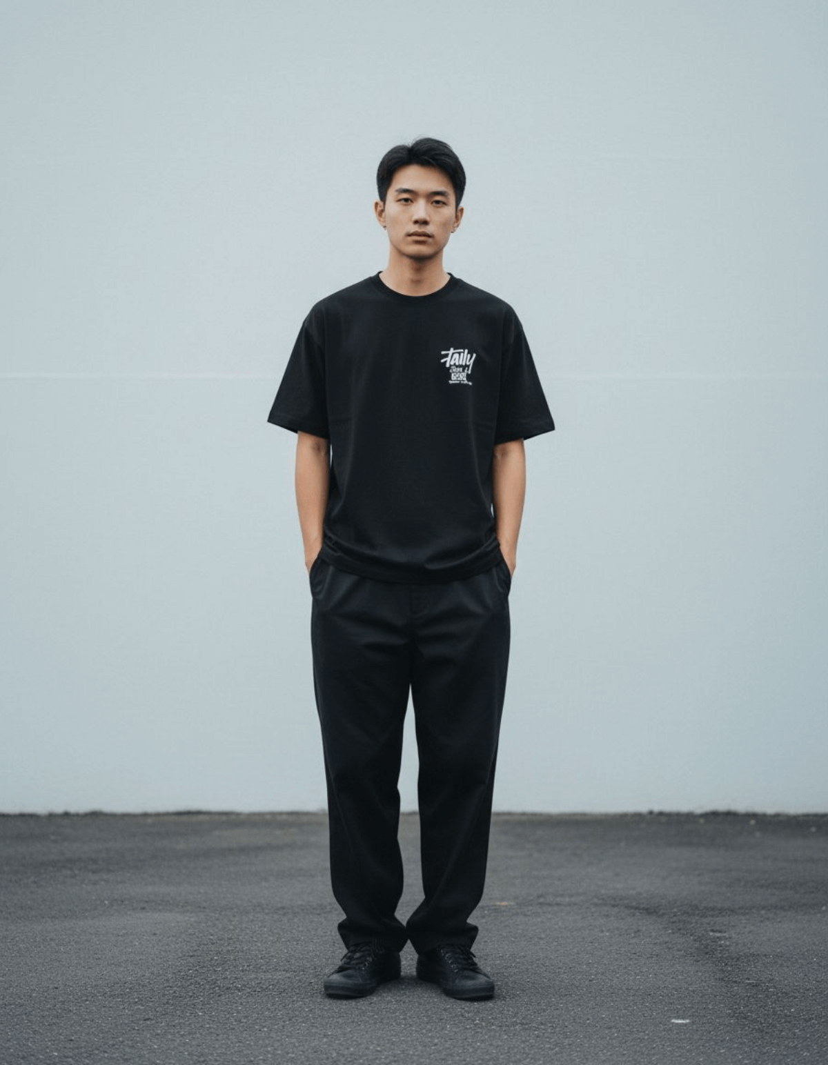 Model wearing Taily Feel It Real Boxy Tee in black, showcasing streetwear boxy t-shirt style.