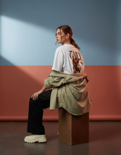 Model wearing Taily Wonders vintage boxy t-shirt in white, showcasing floral and butterfly design on back.