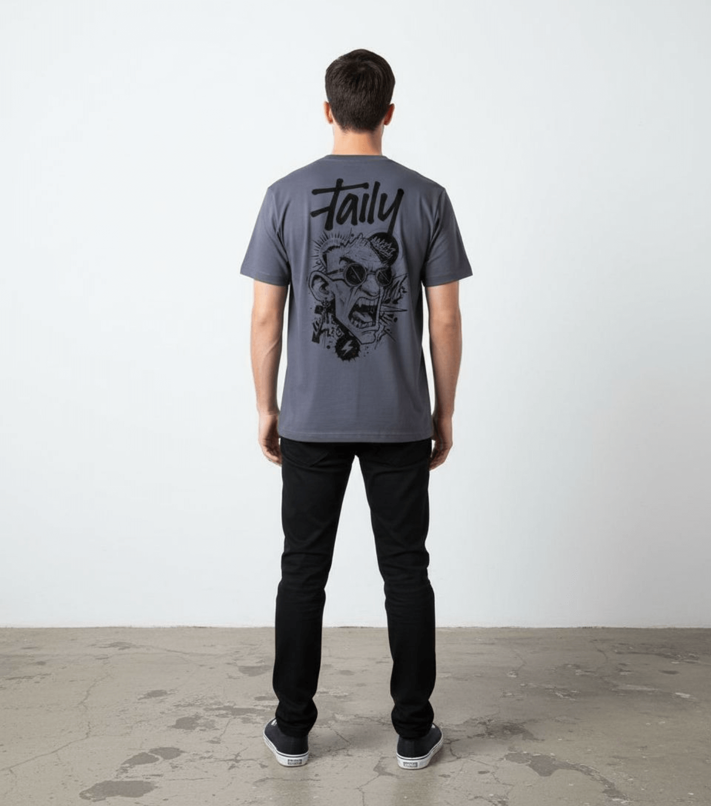 Taily Rage Streetwear Tee in denim color with bold graphic artwork on the back, a stylish streetwear graphic t-shirt.