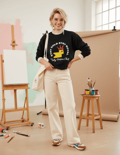 Model wearing Taily Bird Stay Cold Stay Royal Streetwear Graphic Sweatshirt in black, posing creatively in an art studio.