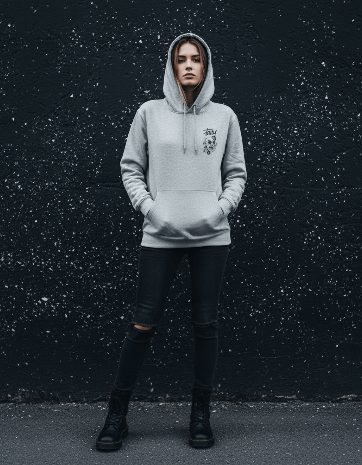Taily Rage streetwear graphic hoodie in grey worn by a model against a textured black wall.