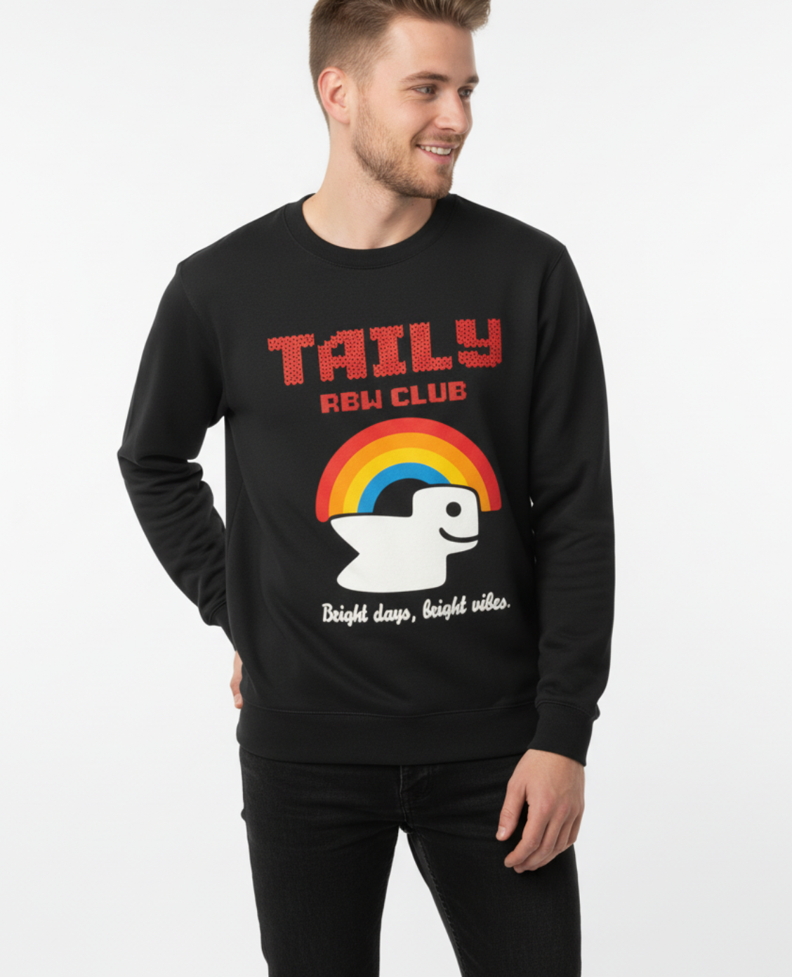 Model wearing Taily RBW Club sweatshirt in black featuring rainbow graphic and text design.