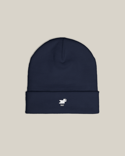 Taily Bird Knit Beanie in dark navy color featuring minimal embroidery for stylish warmth.