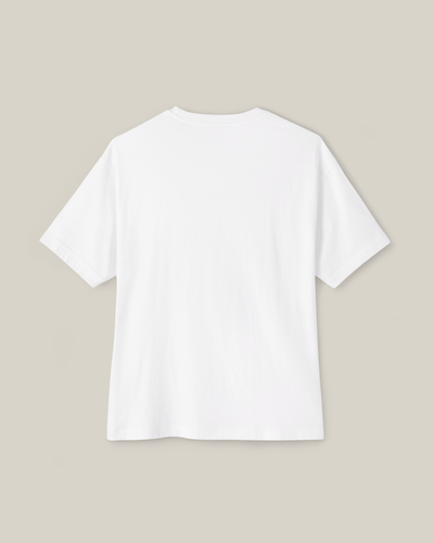 Taily Bird Club Streetwear Boxy T-Shirt – White with yellow bird graphic, back view, casual streetwear style.