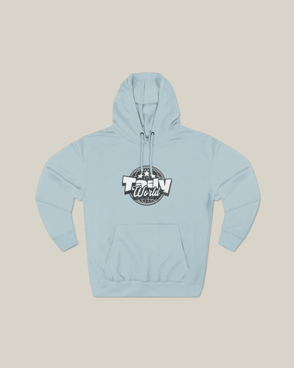Taily World Streetwear Graphic Hoodie in blue mist with bold globe logo and three-panel hood.