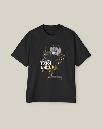Taily “Existence” Streetwear Oversized T-Shirt in black with abstract artwork and bold text.