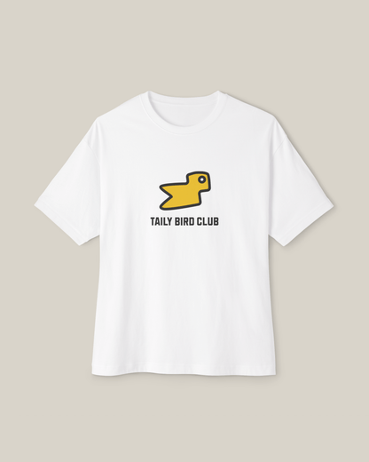 Taily Bird Club Streetwear Boxy T-Shirt in white with yellow bird graphic design.