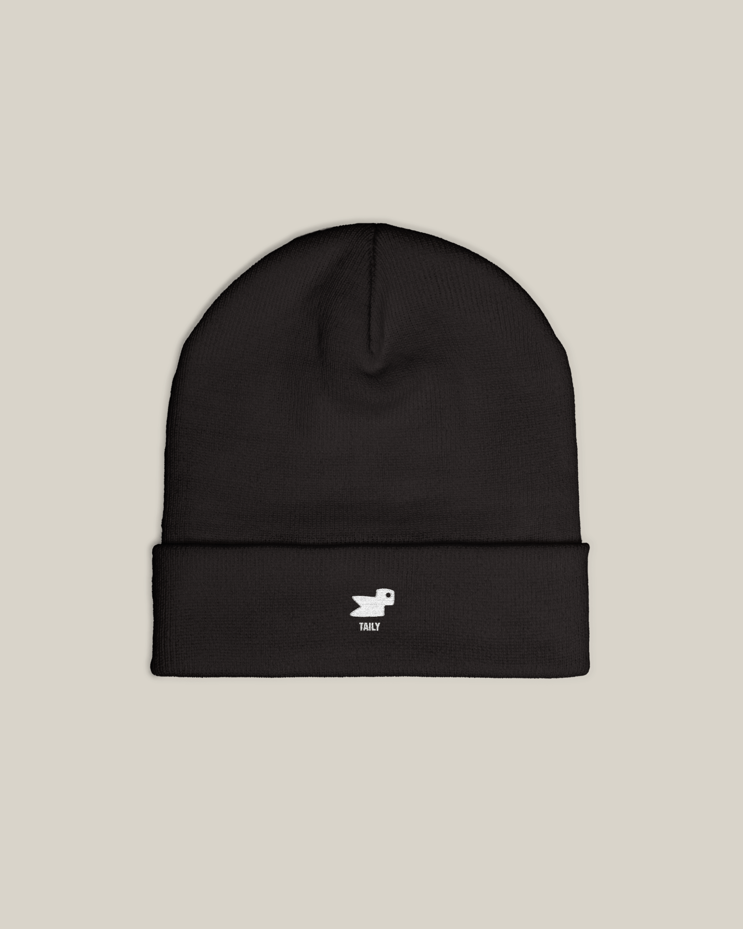 Taily Bird Knit Beanie – Black knitted beanie with minimal embroidery and a fold-over cuff.