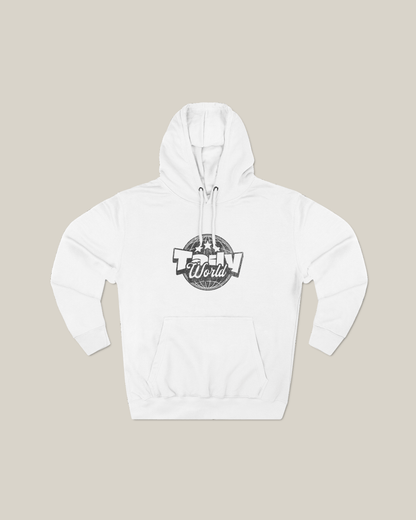 Taily World Streetwear Graphic Hoodie in white featuring a bold globe logo and three-panel hood.