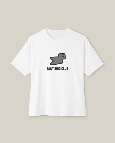 Taily Bird Club Streetwear Boxy T-Shirt in white with grey bird graphic design and boxy fit.