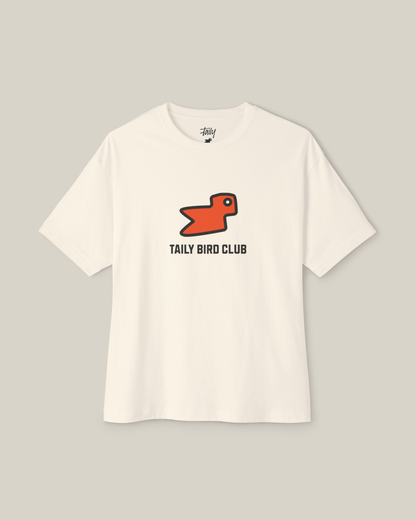Taily Bird Club Streetwear Boxy T-Shirt in natural color with orange bird design on front.