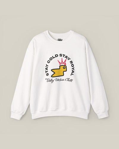Taily Bird Stay Cold Stay Royal Streetwear Graphic Sweatshirt in white featuring crowned logo and urban style.