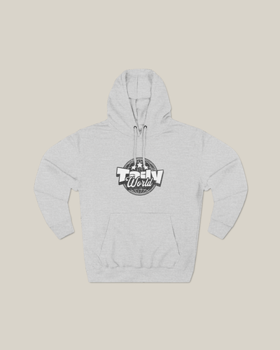 Taily World Streetwear Graphic Hoodie in heather grey featuring bold globe logo and soft fleece material.