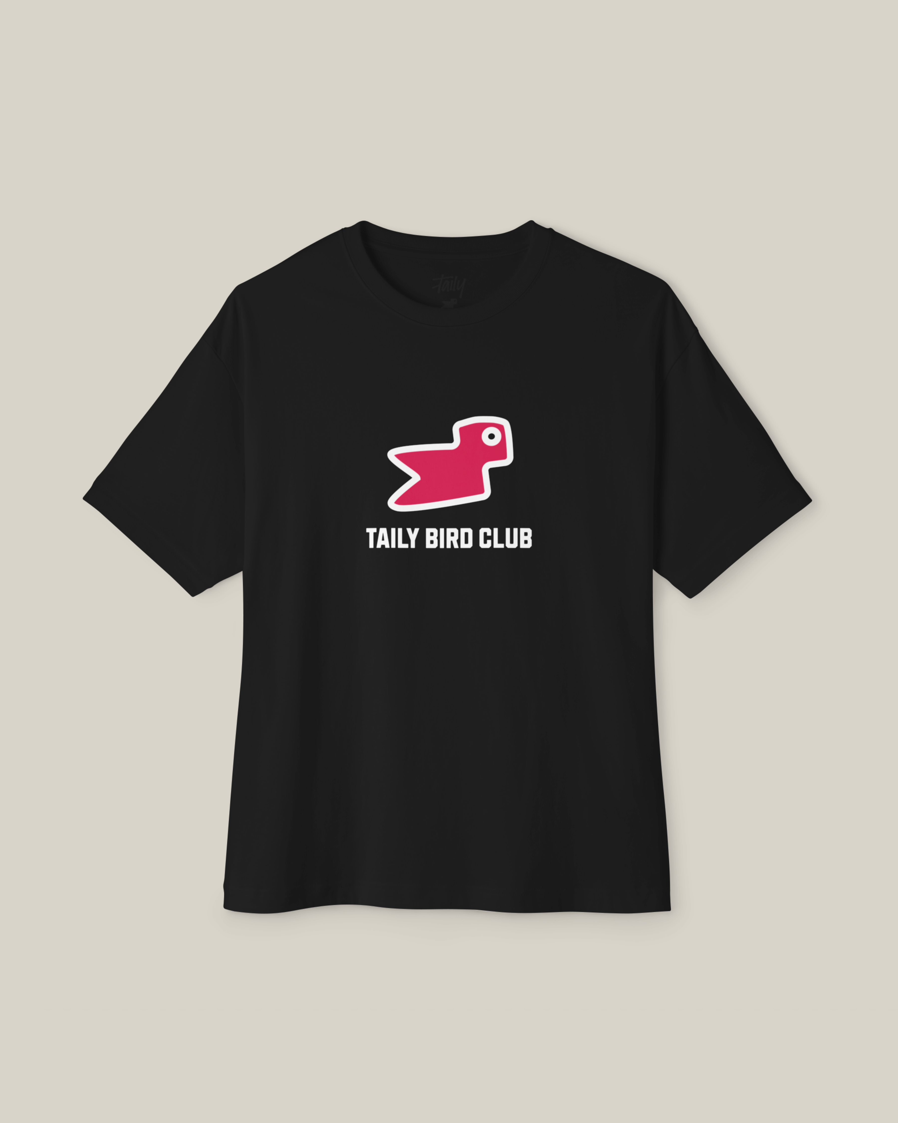 Taily Bird Club Streetwear Boxy T-Shirt in black featuring pink bird print design.