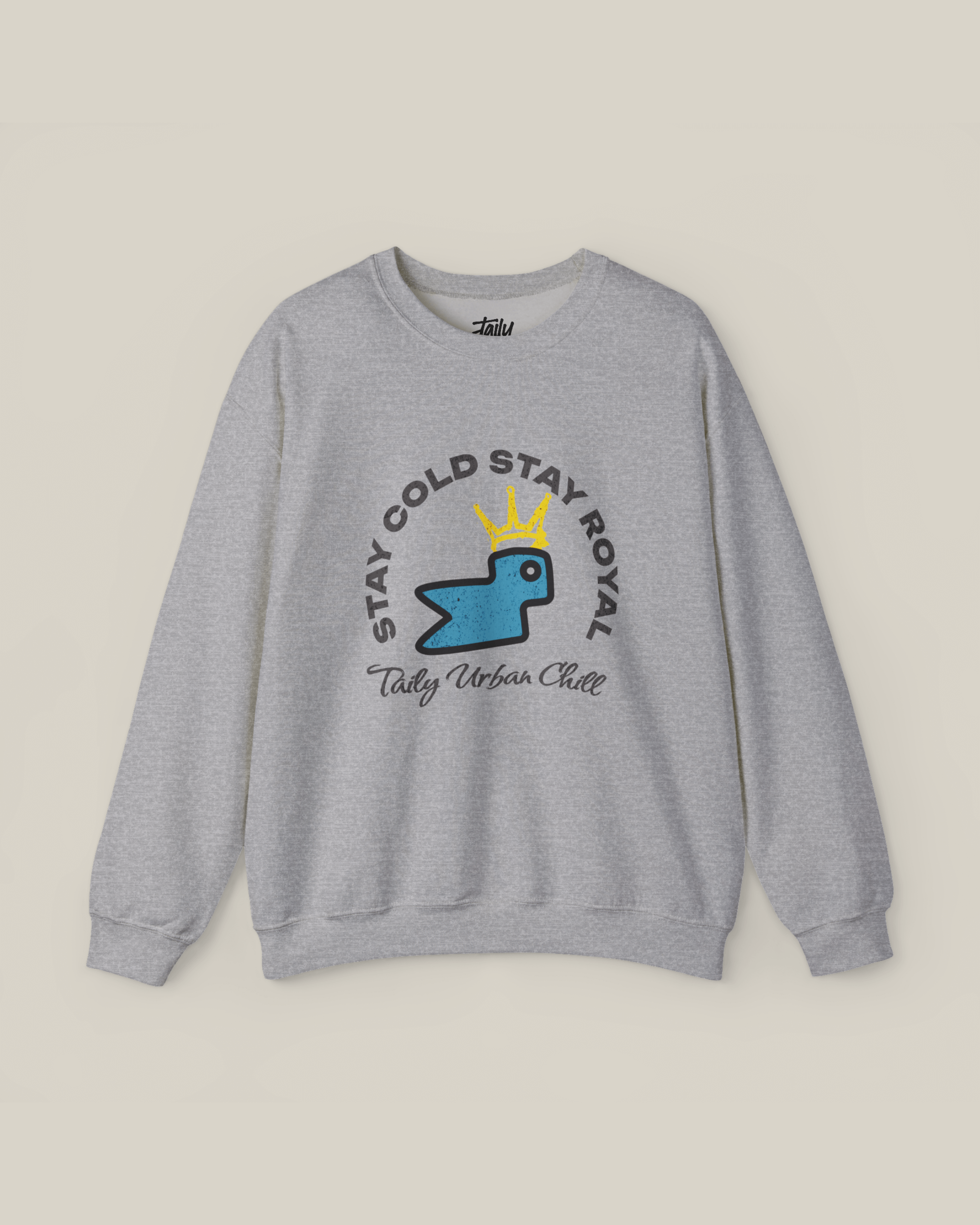 Taily Stay Bird Cold Stay Royal Streetwear Graphic Sweatshirt in grey with crowned bird logo.