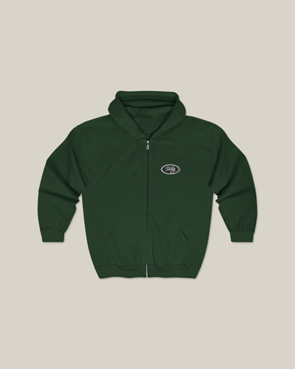 Taily Zip Hoodie – Classic Embroidered Streetwear in Forest Green, premium cotton-poly blend hoodie.