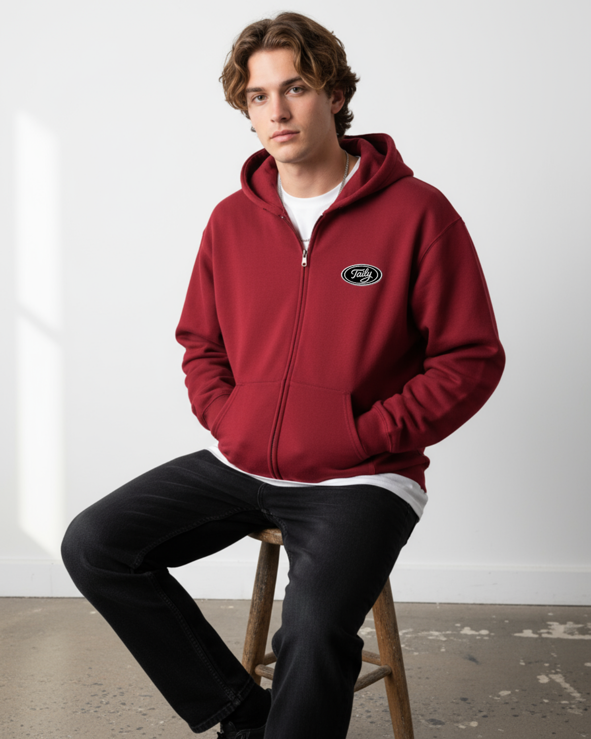 Taily Zip Hoodie – Classic Embroidered Streetwear in Cardinal Red, model wearing hoodie sitting on a stool.