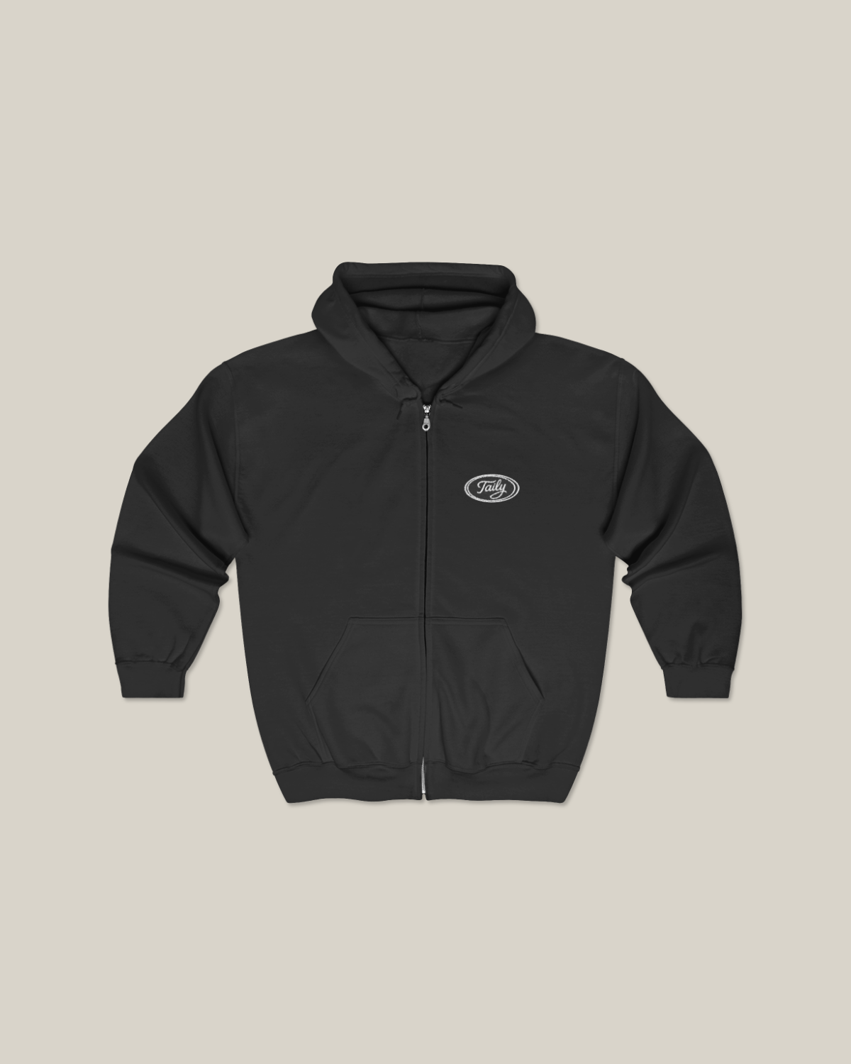 Taily Zip Hoodie – Classic Embroidered Streetwear in Black, soft comfort and timeless style.