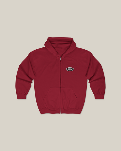 Taily Zip Hoodie – Classic Embroidered Streetwear in Cardinal Red with Taily logo on chest.