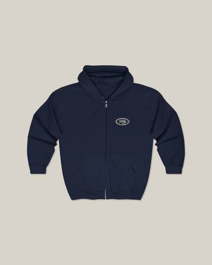 Taily Zip Hoodie – Classic Embroidered Streetwear in Navy with logo on chest.