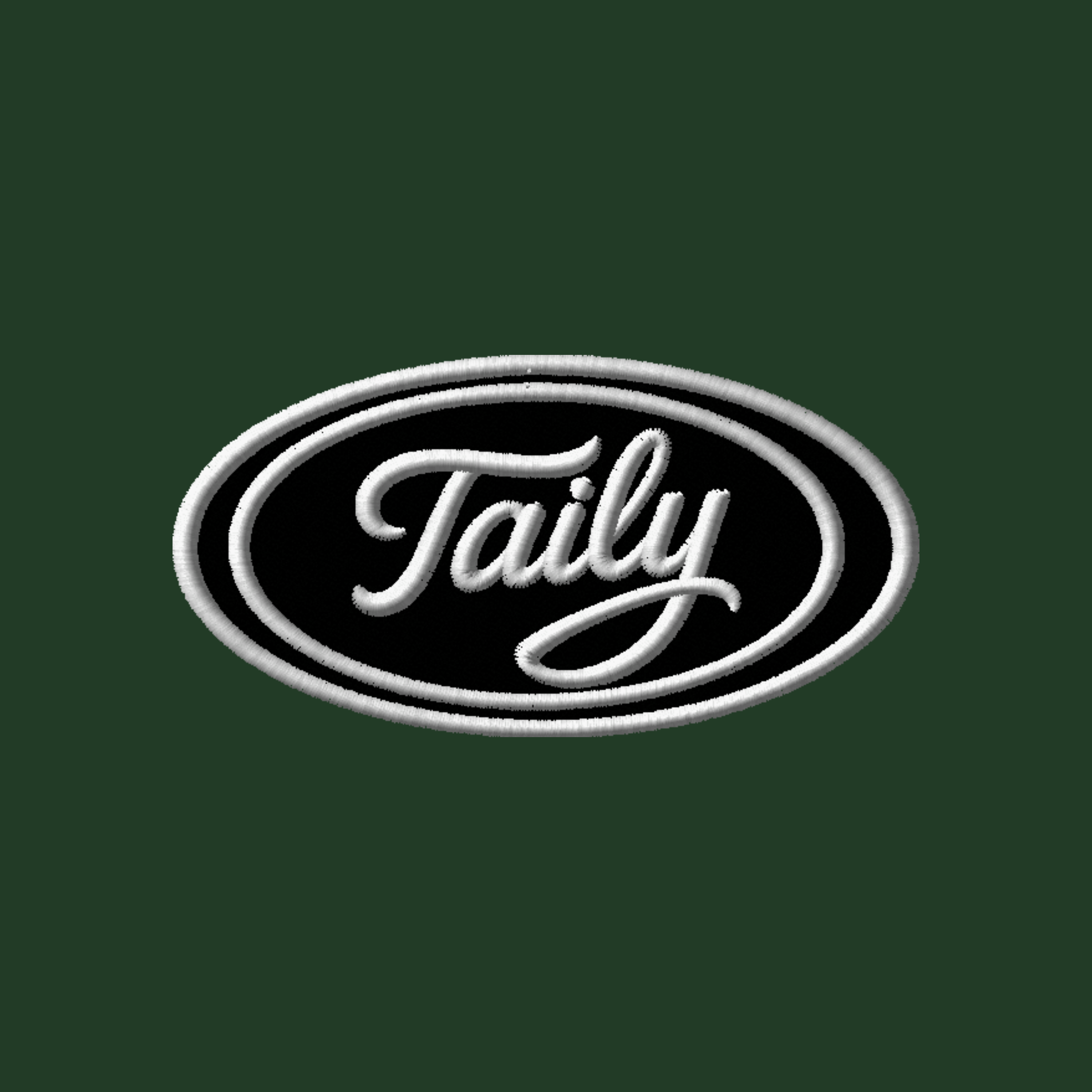 Taily logo embroidered patch on a classic zip hoodie in forest green, showcasing minimalistic streetwear style.
