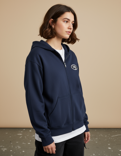 Taily Zip Hoodie – Classic Embroidered Streetwear in Navy worn by a model, showcasing a relaxed fit and logo detail.