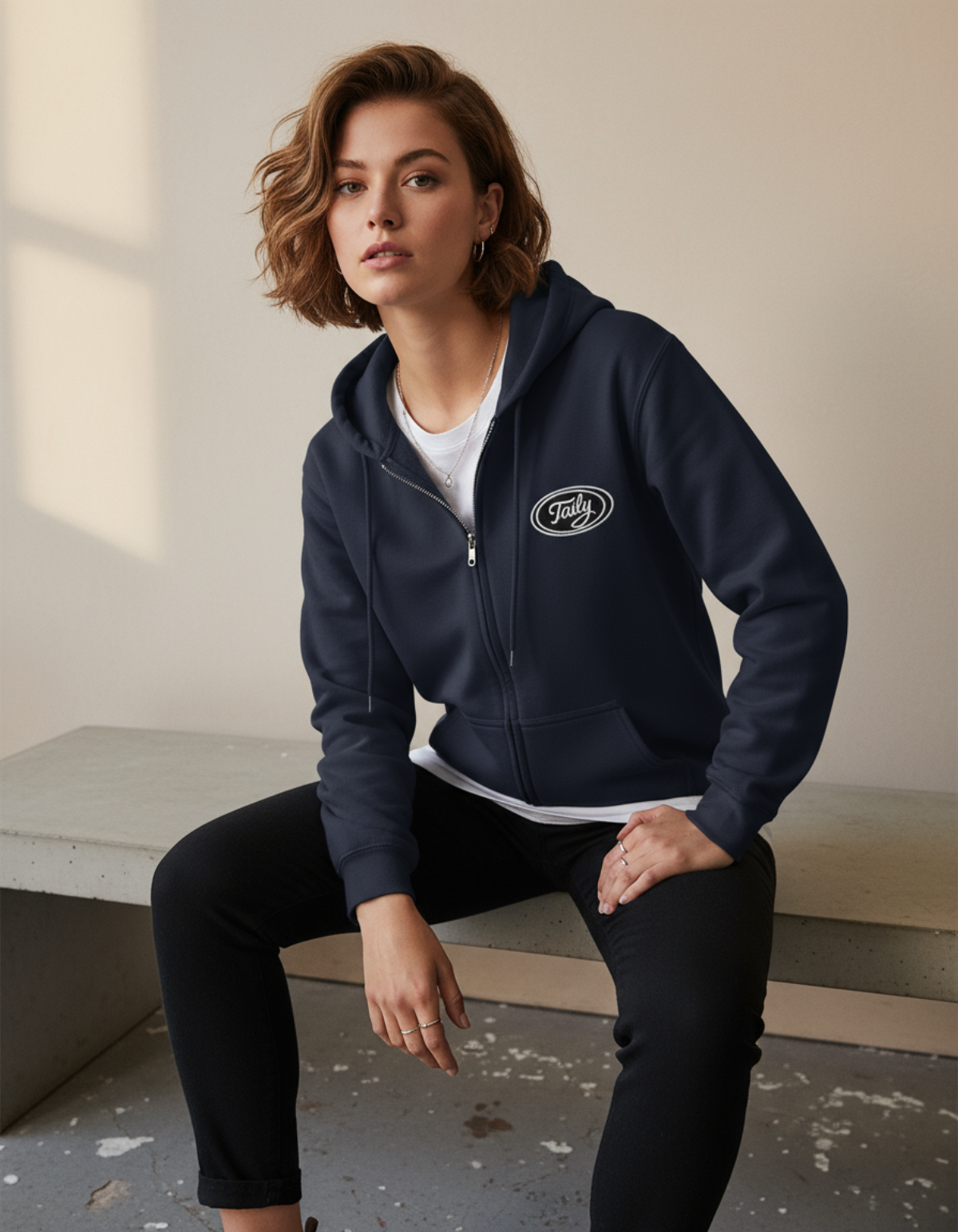 Model wearing Taily Zip Hoodie in navy, featuring embroidered logo and relaxed fit.