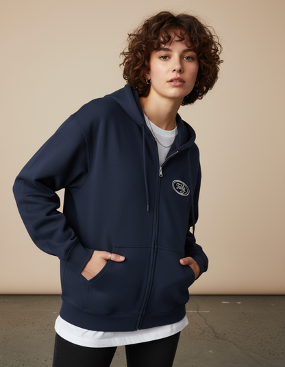 Taily Zip Hoodie – Classic Embroidered Streetwear in Navy, featuring a soft cotton-poly blend with relaxed fit.