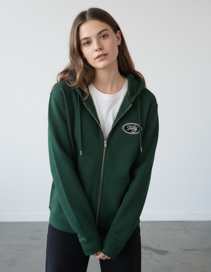 Taily Zip Hoodie – Classic Embroidered Streetwear in Forest Green worn by a model with a relaxed fit.