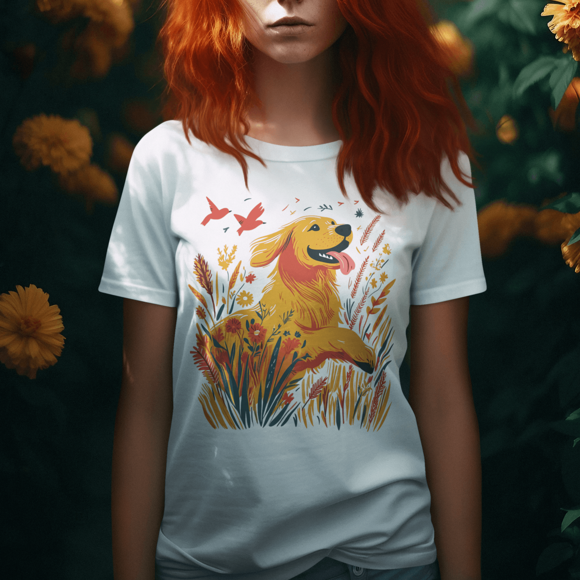 A red-haired woman wearing a white T-shirt featuring an illustration of a golden retriever and wildflowers, standing amidst a vibrant floral field with shades of red and golden yellow, showcasing the beauty of nature and art.