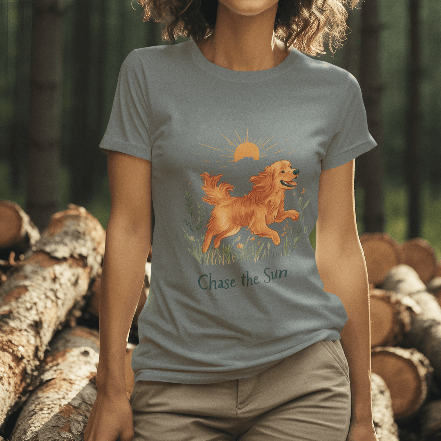 A woman wearing a "Chase the Sun" golden retriever illustration T-shirt, standing by a stack of logs in a forest, radiating warmth and an adventurous vibe.