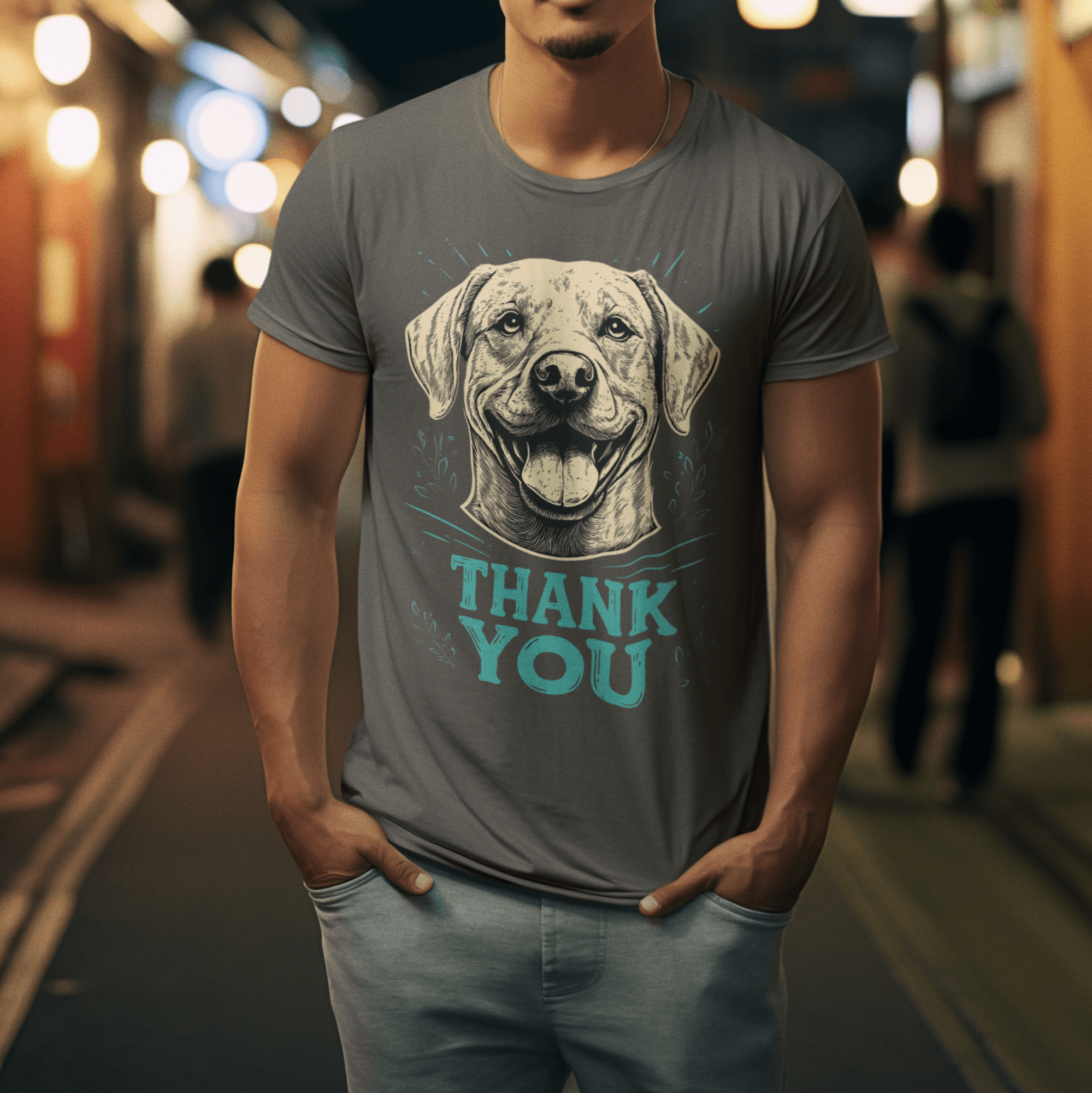 A man walking in a dimly lit alley at night, wearing a gray T-shirt featuring a smiling dog illustration and the text 