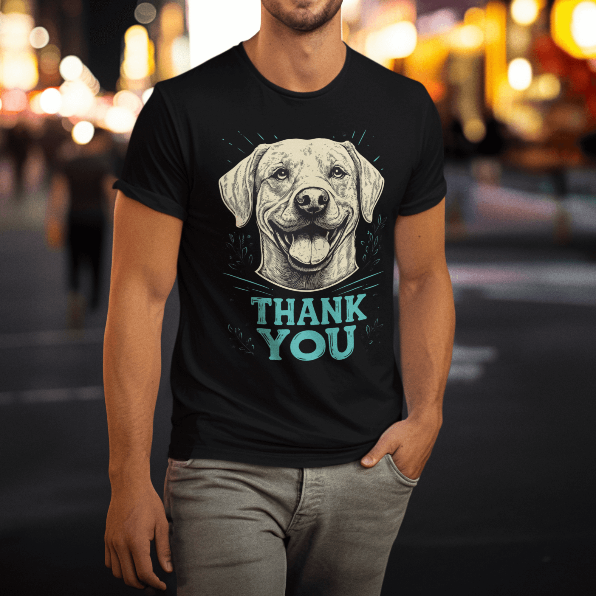 A man standing on a street at night, wearing a black T-shirt featuring a smiling dog illustration and the text 