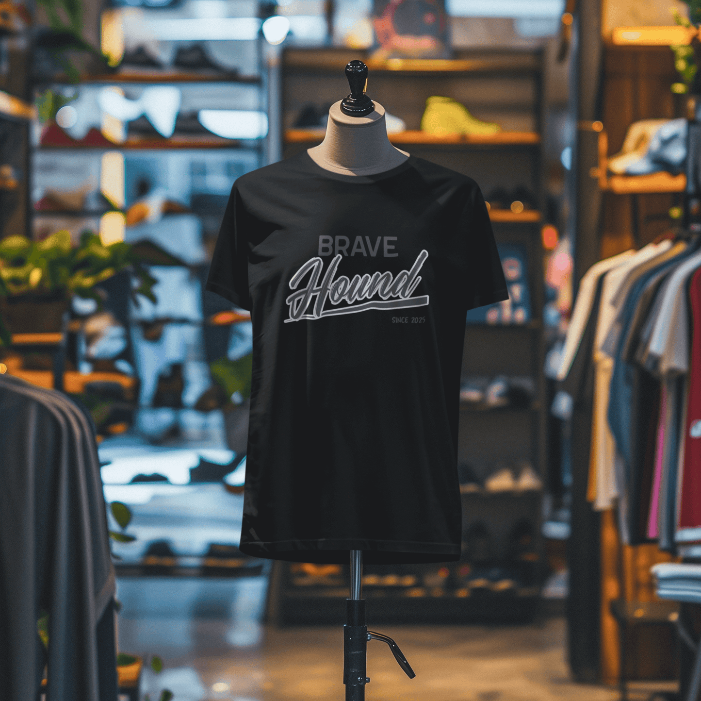 A black T-shirt with the 'Brave Hound' text design displayed on a mannequin in a stylish boutique setting, with shelves and lights creating a cozy ambiance.