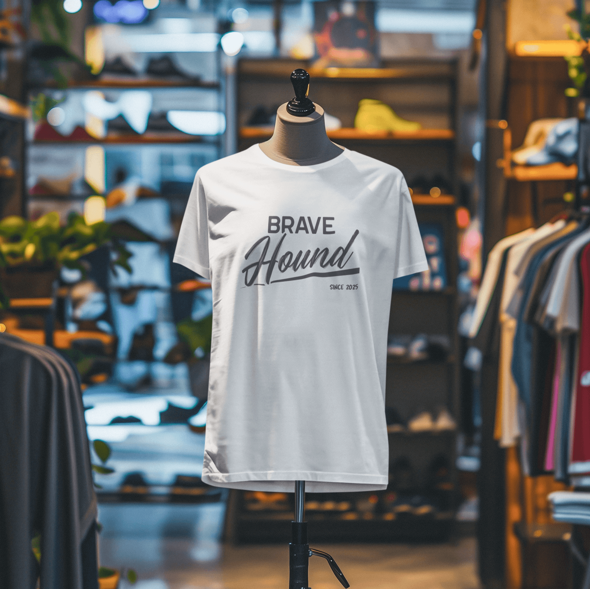 A white T-shirt featuring the 'Brave Hound' design displayed on a mannequin in a modern boutique with stylish shelves and soft lighting.