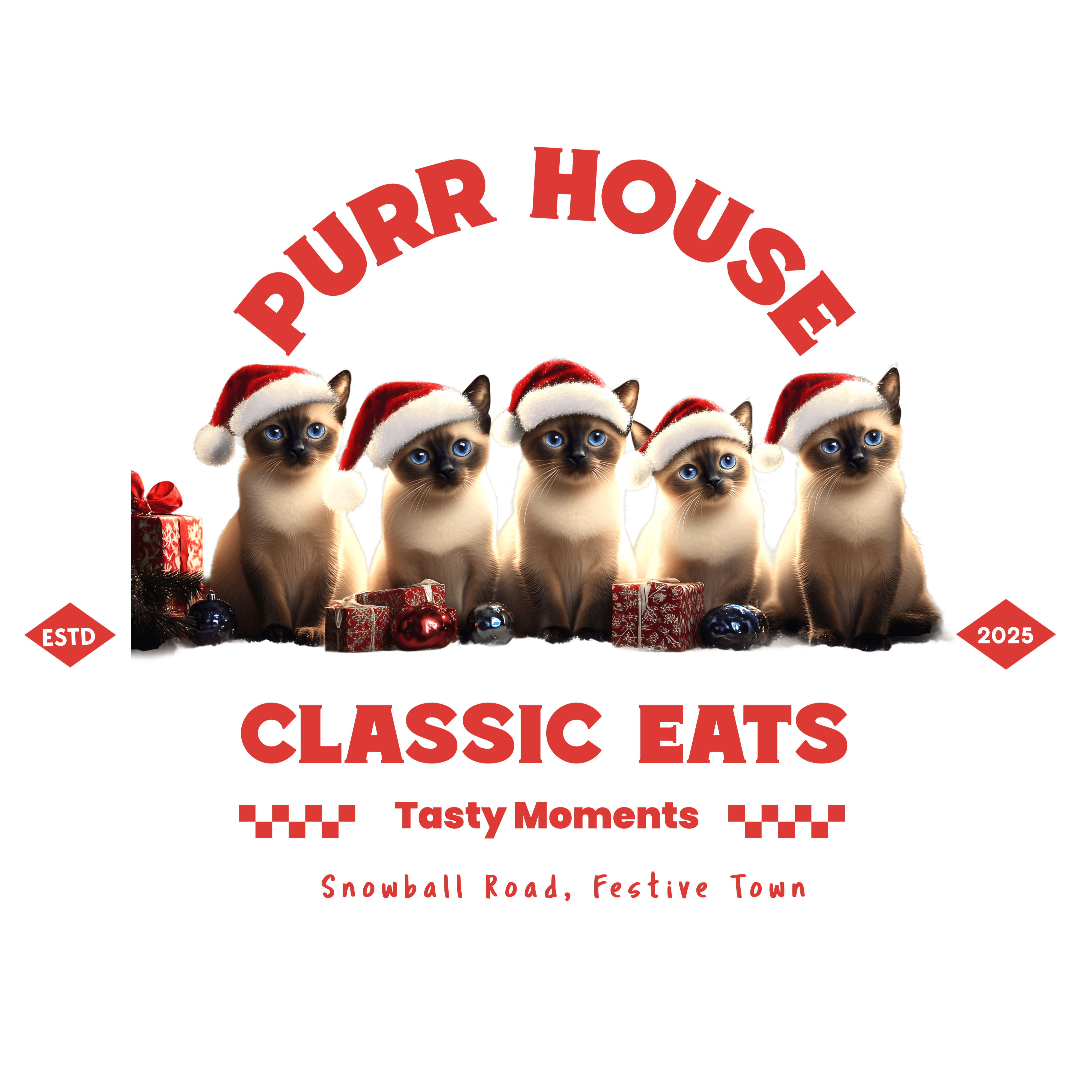 Festive sweatshirt design featuring Siamese cats in Santa hats for Purr House Classic Eats, Snowball Road, Festive Town.