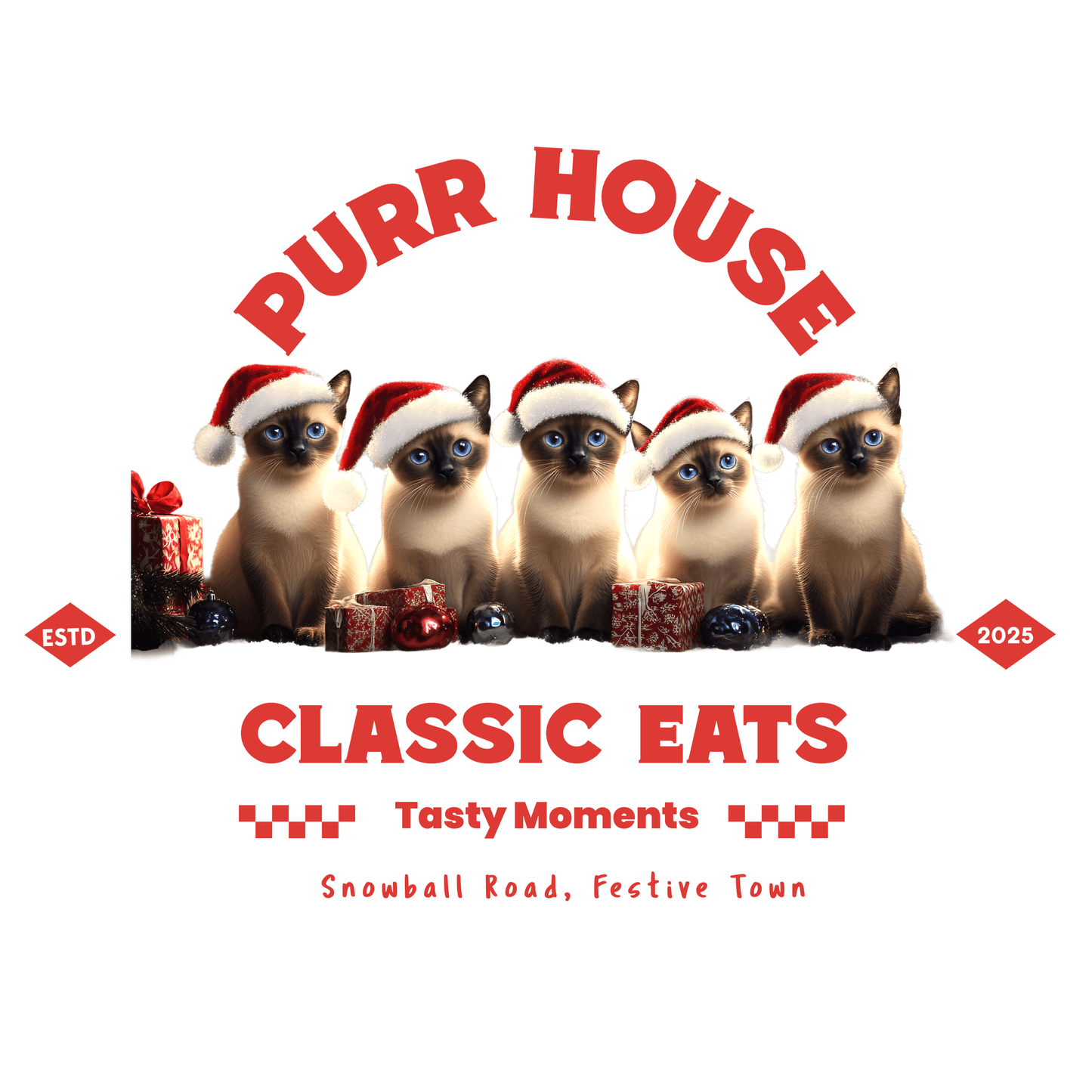 Festive sweatshirt design featuring Siamese cats in Santa hats for Purr House Classic Eats, Snowball Road, Festive Town.