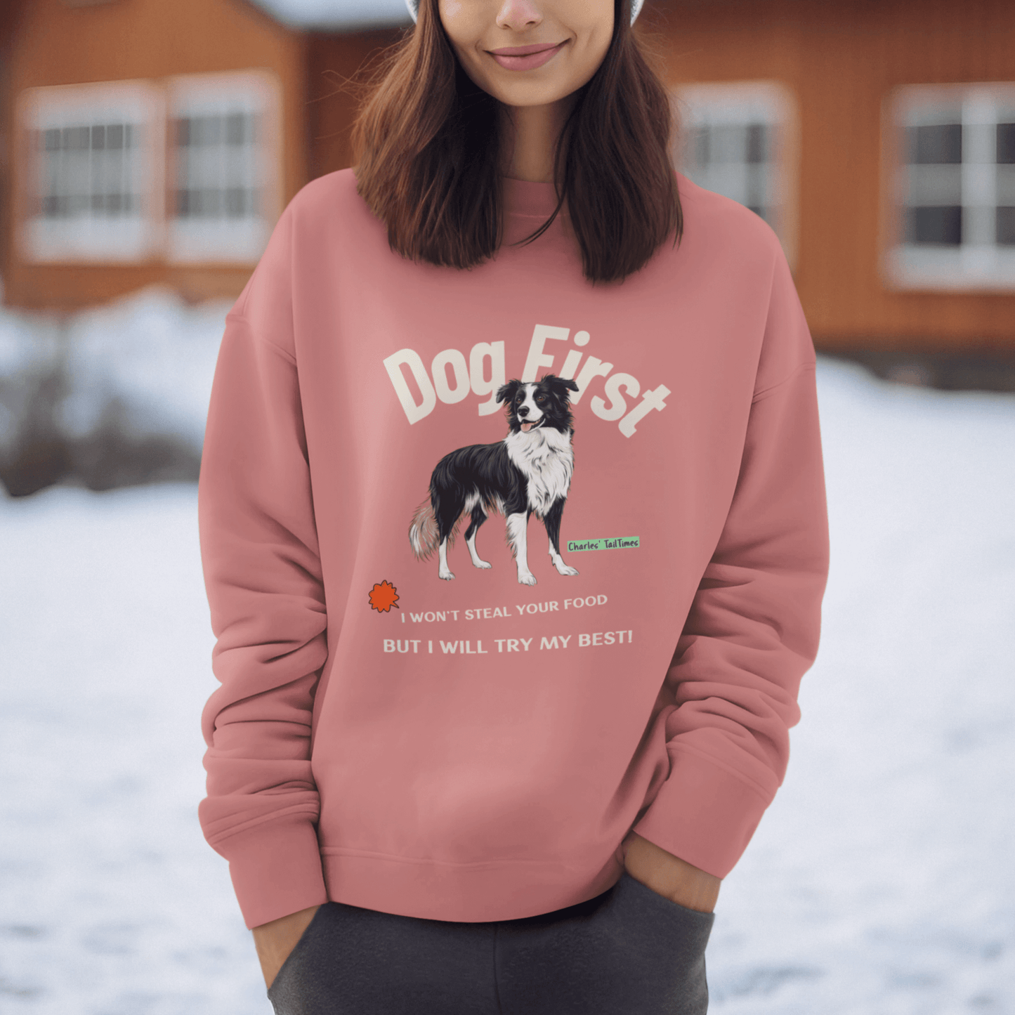 Dusty pink sweatshirt featuring a Border Collie illustration with bold white text "Dog First," and the phrases "I won't steal your food, but I will try my best!" styled with Charles TailTimes branding. A smiling woman poses in snowy surroundings wearing a