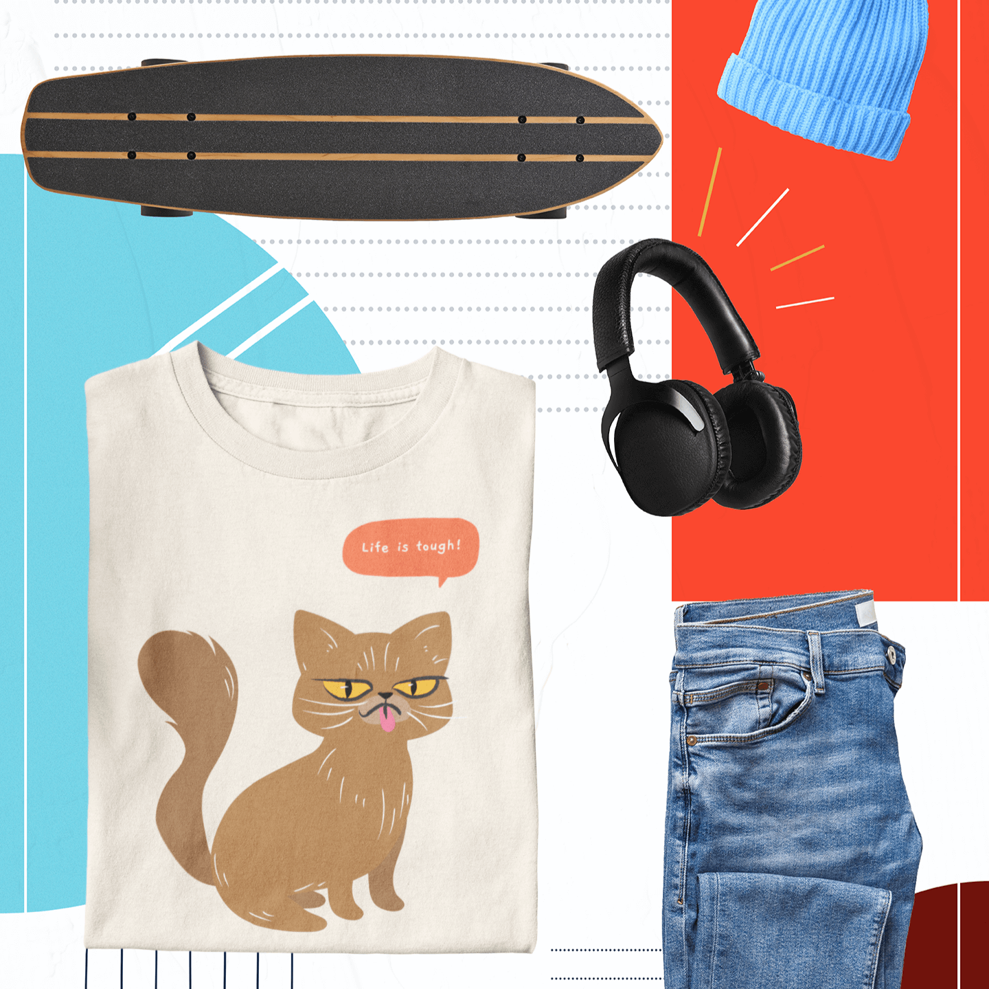 Collage featuring a folded beige T-shirt with a brown cat illustration and the phrase 'Life is tough!', paired with a skateboard, blue beanie, headphones, and jeans on a colorful geometric background.