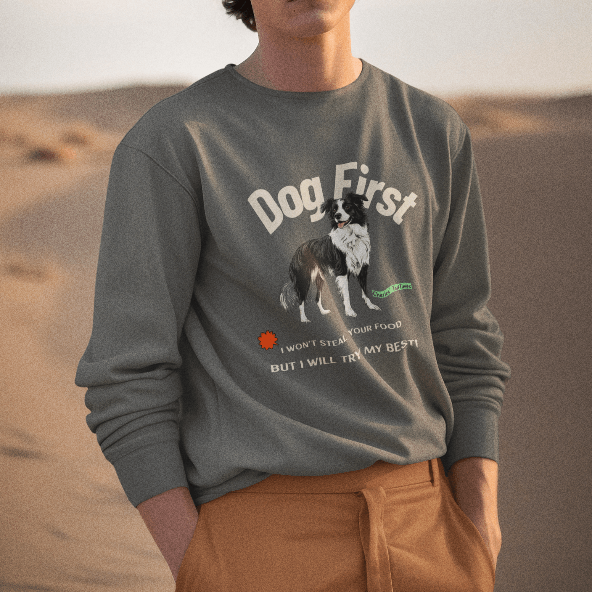 A gray sweatshirt featuring a Border Collie graphic and the text 